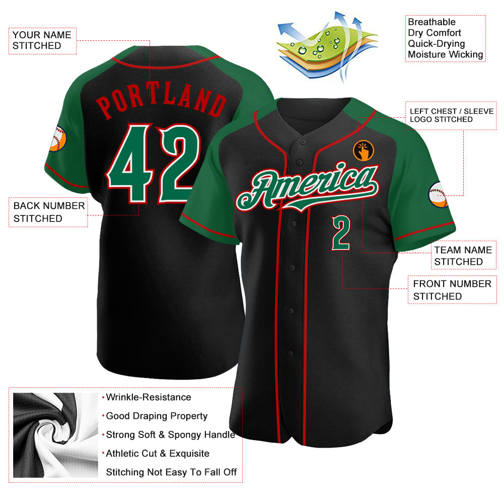 Custom Black Kelly Green-Red Authentic Raglan Sleeves Baseball Jersey - Sky-Custom