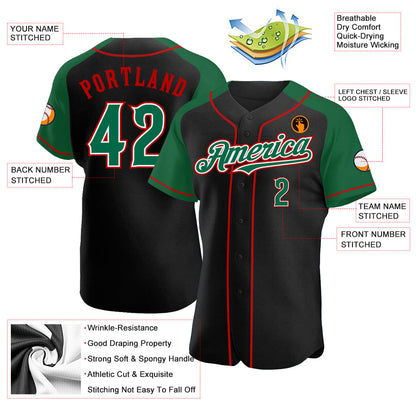Custom Black Kelly Green-Red Authentic Raglan Sleeves Baseball Jersey - Sky-Custom