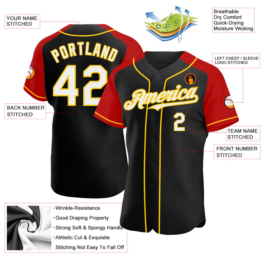 Custom Black White Red-Yellow Authentic Raglan Sleeves Baseball Jersey - Sky-Custom