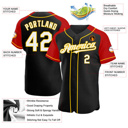 Custom Black White Red-Yellow Authentic Raglan Sleeves Baseball Jersey - Sky-Custom