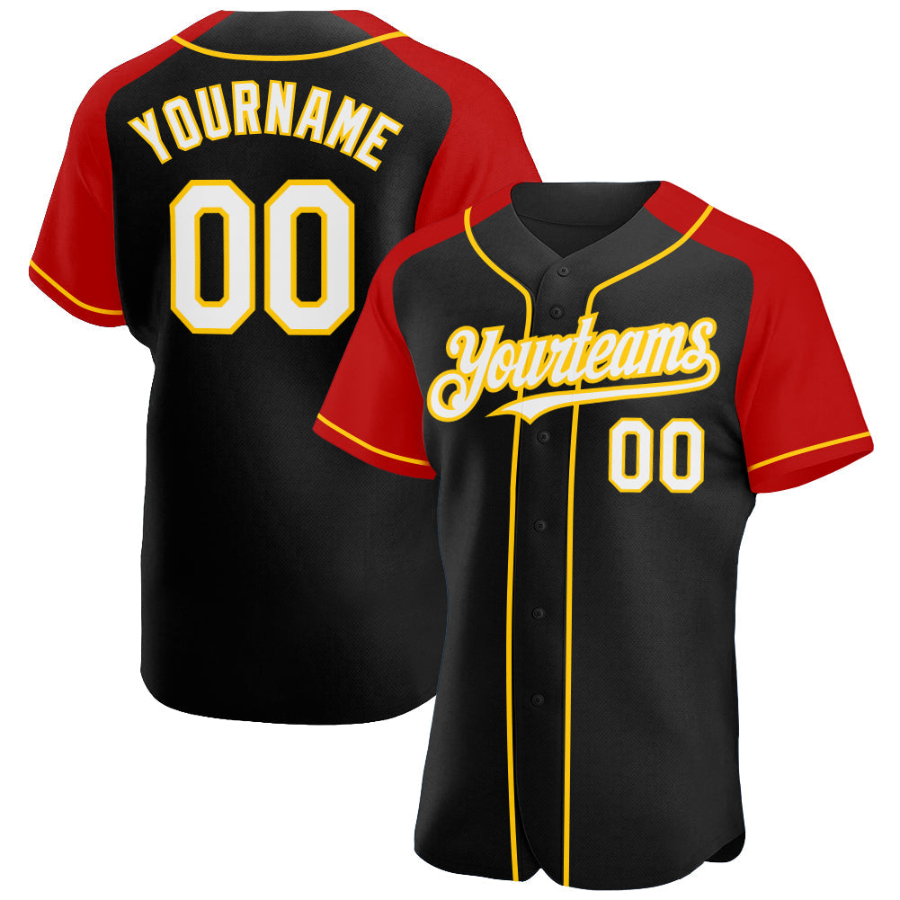 Custom Black White Red-Yellow Authentic Raglan Sleeves Baseball Jersey - Sky-Custom