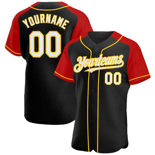 Custom Black White Red-Yellow Authentic Raglan Sleeves Baseball Jersey - Sky-Custom