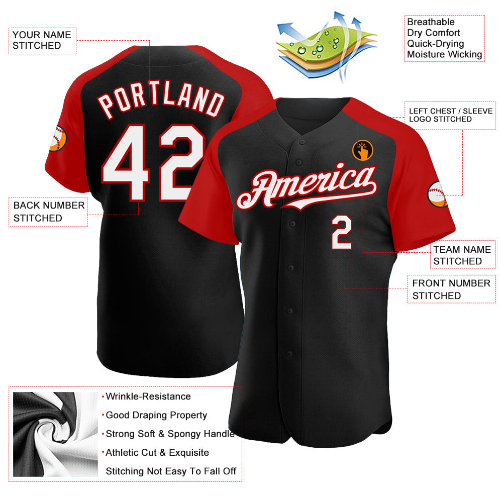 Custom Black White-Red Authentic Raglan Sleeves Baseball Jersey - Sky-Custom