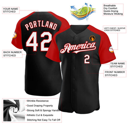 Custom Black White-Red Authentic Raglan Sleeves Baseball Jersey - Sky-Custom