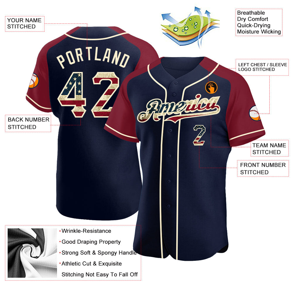 Custom Navy Vintage USA Flag Crimson-Cream Authentic Raglan Sleeves Baseball Jersey - Sky-Custom