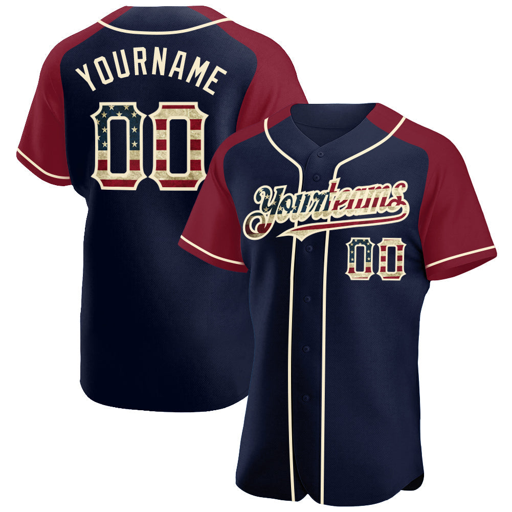Custom Navy Vintage USA Flag Crimson-Cream Authentic Raglan Sleeves Baseball Jersey - Sky-Custom