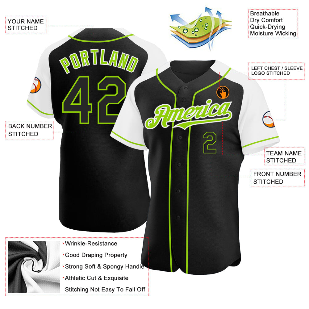 Custom Black White-Neon Green Authentic Raglan Sleeves Baseball Jersey - Sky-Custom