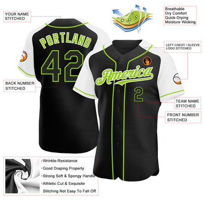 Custom Black White-Neon Green Authentic Raglan Sleeves Baseball Jersey - Sky-Custom