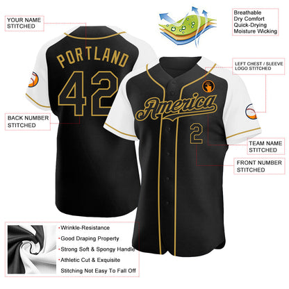 Custom Black White-Old Gold Authentic Raglan Sleeves Baseball Jersey - Sky-Custom