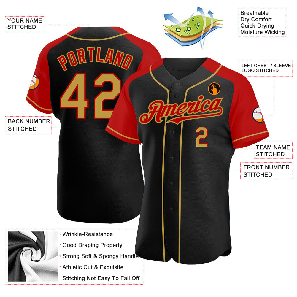 Custom Black Old Gold-Red Authentic Raglan Sleeves Baseball Jersey - Sky-Custom