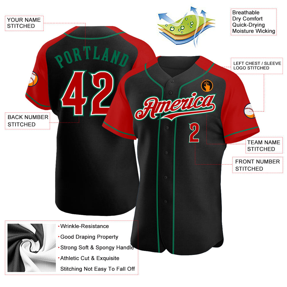 Custom Black Red-Kelly Green Authentic Raglan Sleeves Baseball Jersey - Sky-Custom