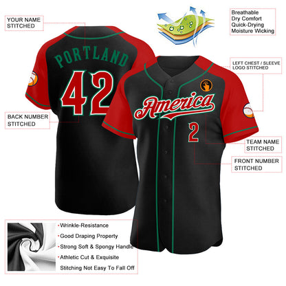 Custom Black Red-Kelly Green Authentic Raglan Sleeves Baseball Jersey - Sky-Custom