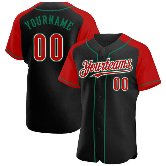 Custom Black Red-Kelly Green Authentic Raglan Sleeves Baseball Jersey - Sky-Custom