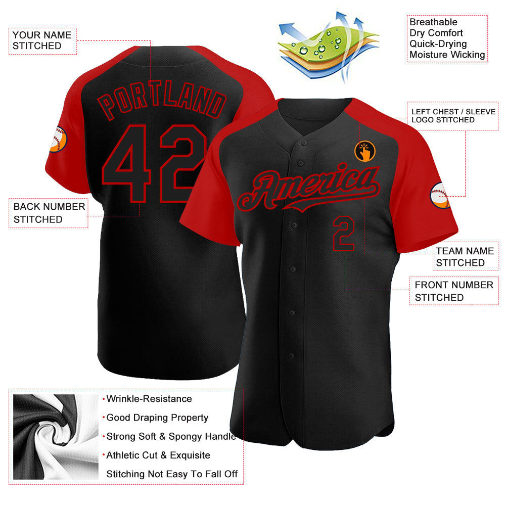 Custom Black Red Authentic Raglan Sleeves Baseball Jersey - Sky-Custom