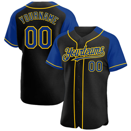 Custom Black Royal-Yellow Authentic Raglan Sleeves Baseball Jersey - Sky-Custom
