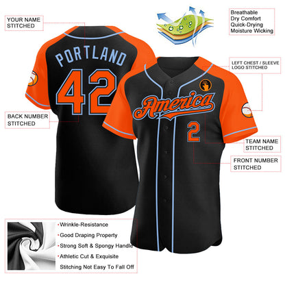 Custom Black Orange-Light Blue Authentic Raglan Sleeves Baseball Jersey - Sky-Custom