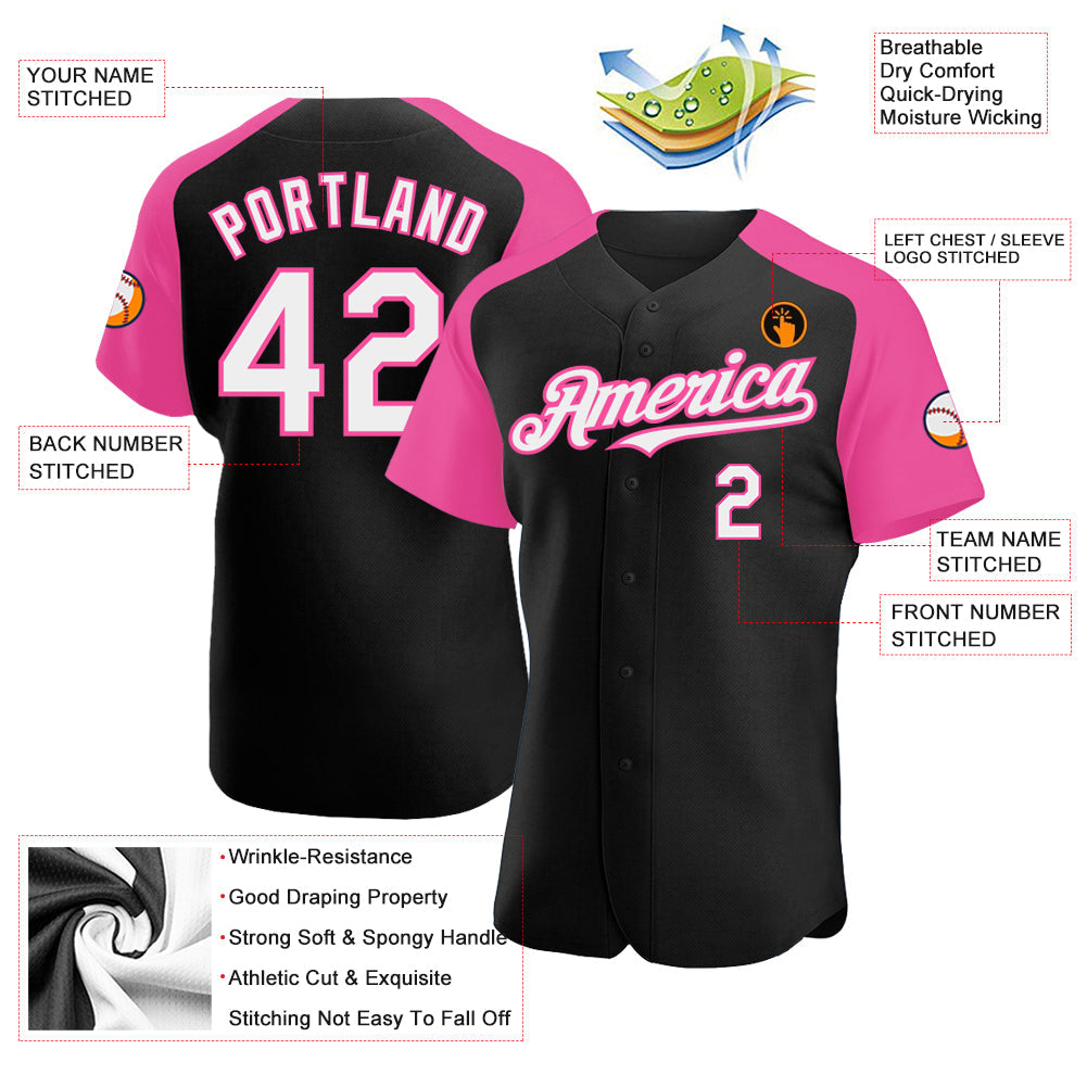 Custom Black White-Pink Authentic Raglan Sleeves Baseball Jersey - Sky-Custom