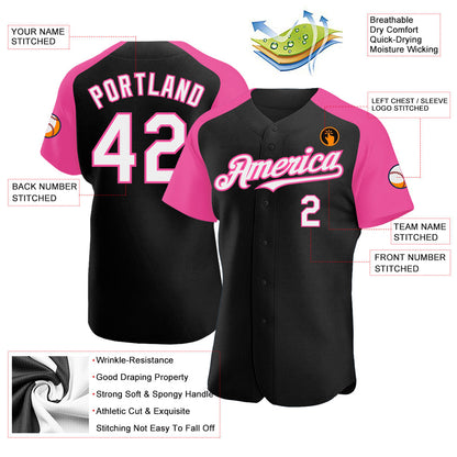 Custom Black White-Pink Authentic Raglan Sleeves Baseball Jersey - Sky-Custom