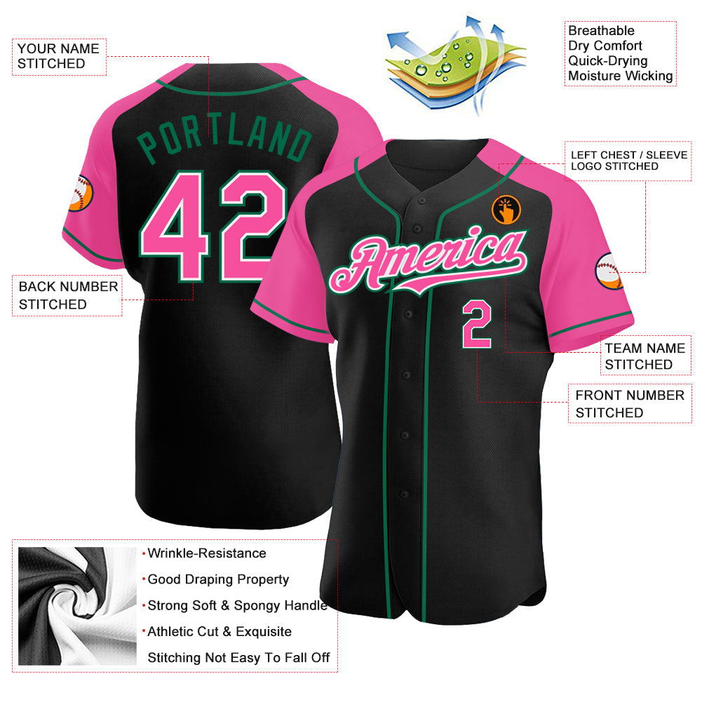 Custom Black Pink-Kelly Green Authentic Raglan Sleeves Baseball Jersey - Sky-Custom