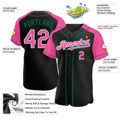 Custom Black Pink-Kelly Green Authentic Raglan Sleeves Baseball Jersey - Sky-Custom