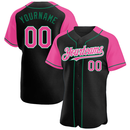 Custom Black Pink-Kelly Green Authentic Raglan Sleeves Baseball Jersey - Sky-Custom