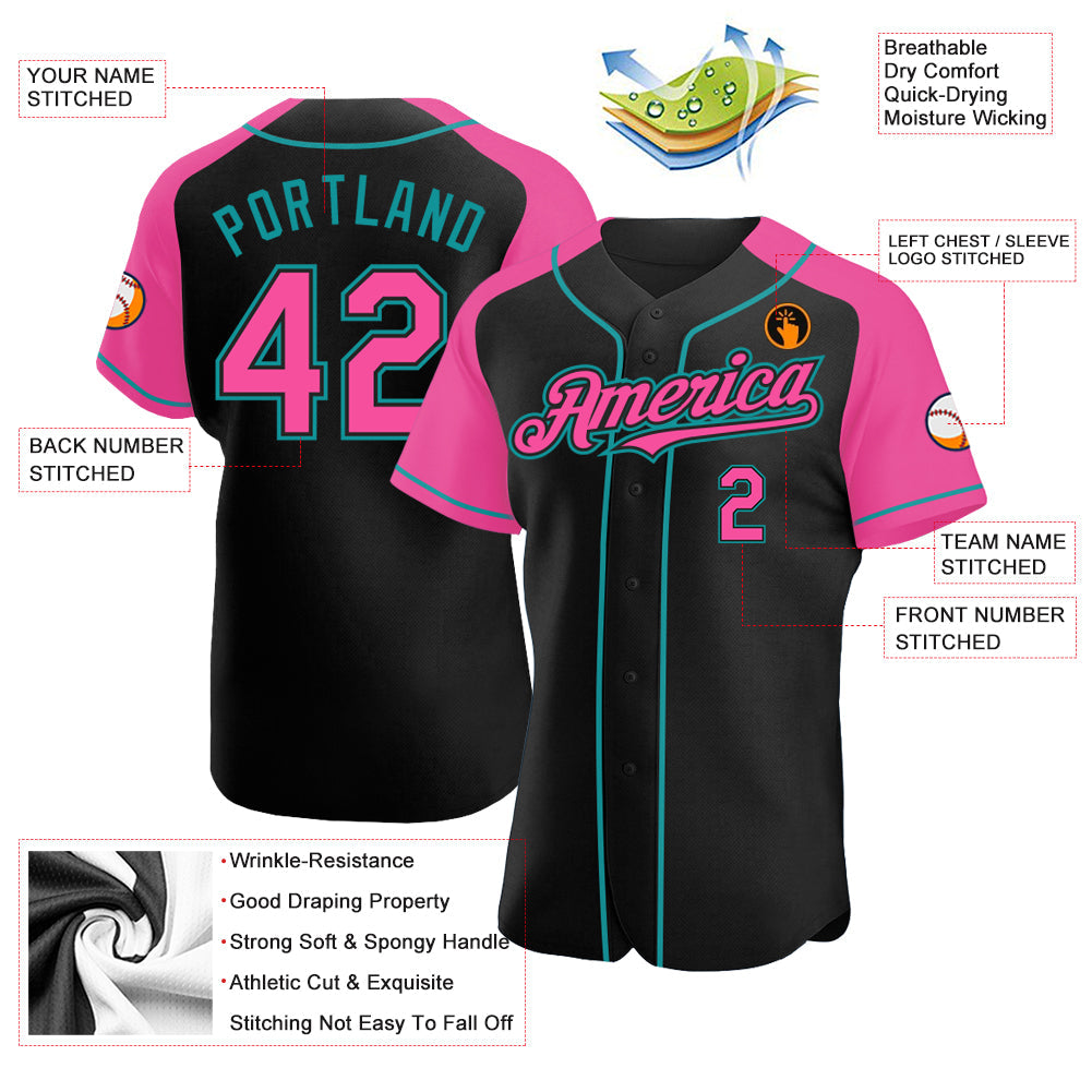 Custom Black Pink-Teal Authentic Raglan Sleeves Baseball Jersey - Sky-Custom