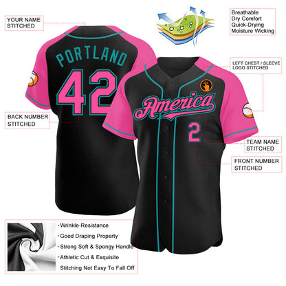 Custom Black Pink-Teal Authentic Raglan Sleeves Baseball Jersey - Sky-Custom