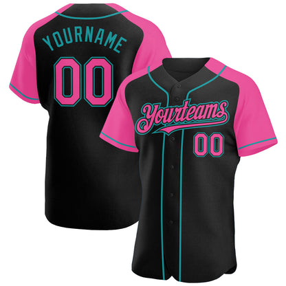 Custom Black Pink-Teal Authentic Raglan Sleeves Baseball Jersey - Sky-Custom