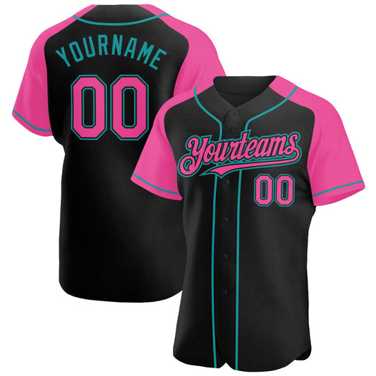 Custom Black Pink-Teal Authentic Raglan Sleeves Baseball Jersey - Sky-Custom