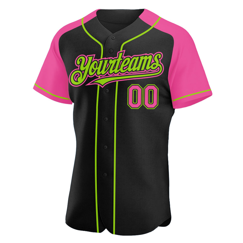 Custom Black Pink-Neon Green Authentic Raglan Sleeves Baseball Jersey - Sky-Custom