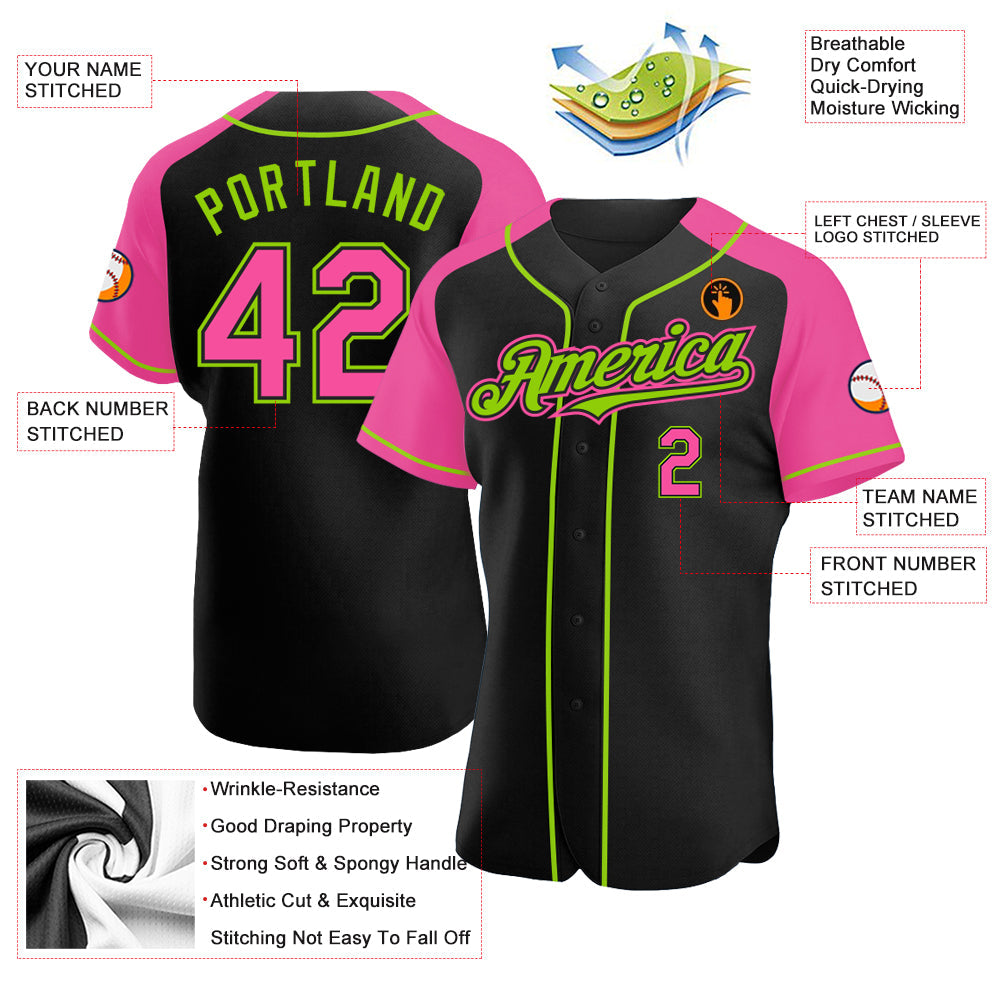 Custom Black Pink-Neon Green Authentic Raglan Sleeves Baseball Jersey - Sky-Custom
