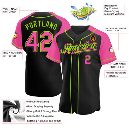 Custom Black Pink-Neon Green Authentic Raglan Sleeves Baseball Jersey - Sky-Custom