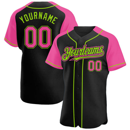 Custom Black Pink-Neon Green Authentic Raglan Sleeves Baseball Jersey - Sky-Custom