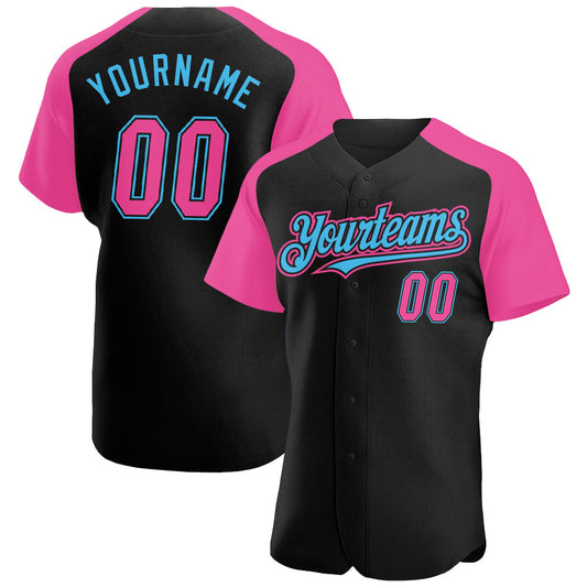 Custom Black Pink-Sky Blue Authentic Raglan Sleeves Baseball Jersey - Sky-Custom