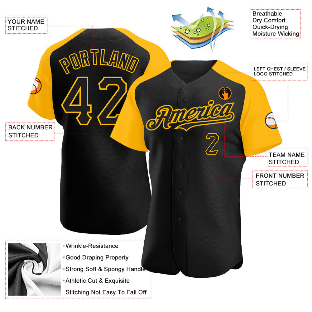 Custom Black Gold Authentic Raglan Sleeves Baseball Jersey - Sky-Custom