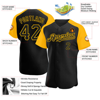 Custom Black Gold Authentic Raglan Sleeves Baseball Jersey - Sky-Custom