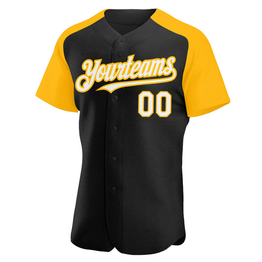 Custom Black White-Gold Authentic Raglan Sleeves Baseball Jersey - Sky-Custom