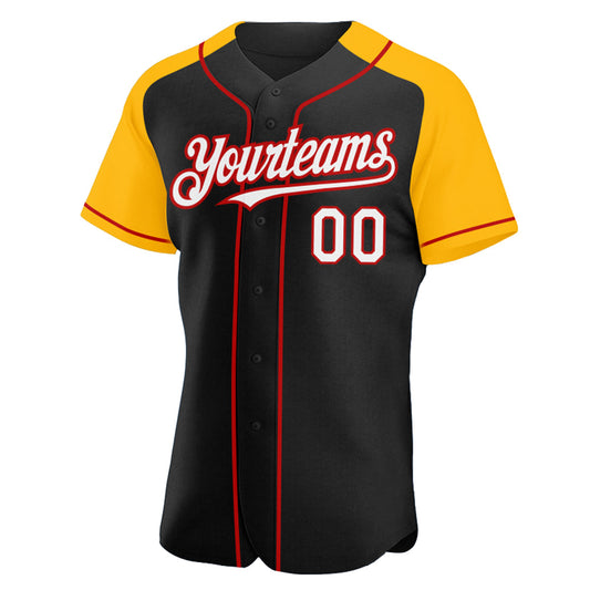 Custom Black White Gold-Red Authentic Raglan Sleeves Baseball Jersey - Sky-Custom