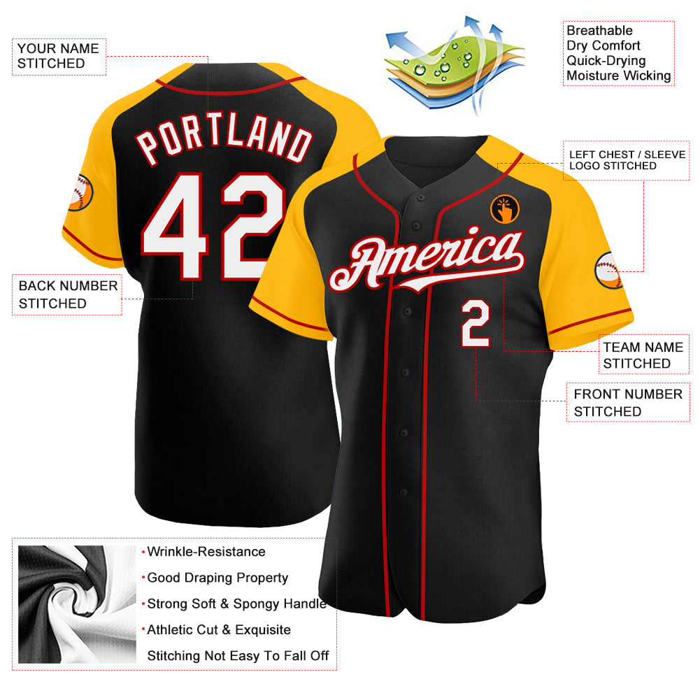 Custom Black White Gold-Red Authentic Raglan Sleeves Baseball Jersey - Sky-Custom
