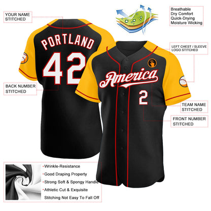 Custom Black White Gold-Red Authentic Raglan Sleeves Baseball Jersey - Sky-Custom