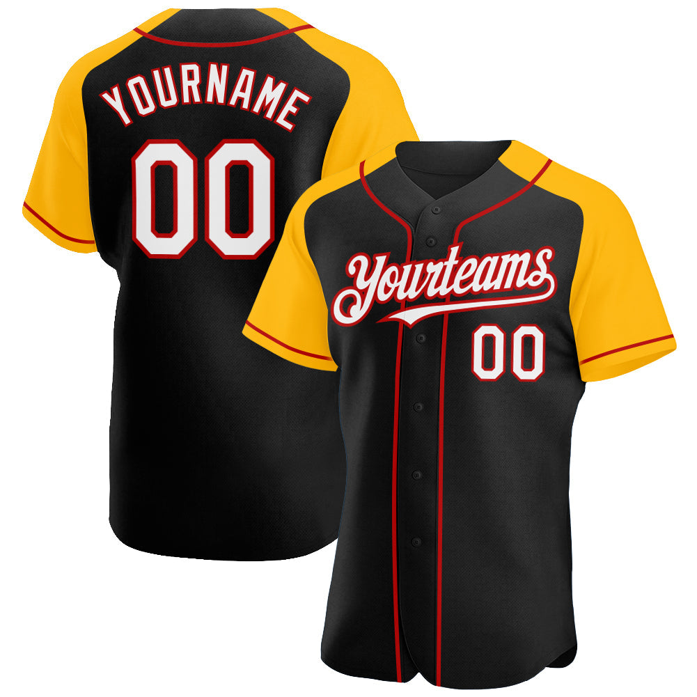Custom Black White Gold-Red Authentic Raglan Sleeves Baseball Jersey - Sky-Custom