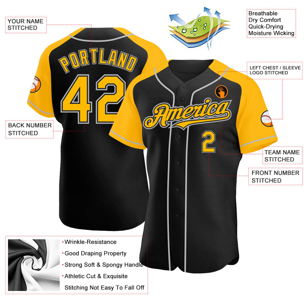 Custom Black Gold-Gray Authentic Raglan Sleeves Baseball Jersey - Sky-Custom