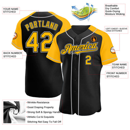 Custom Black Gold-Gray Authentic Raglan Sleeves Baseball Jersey - Sky-Custom