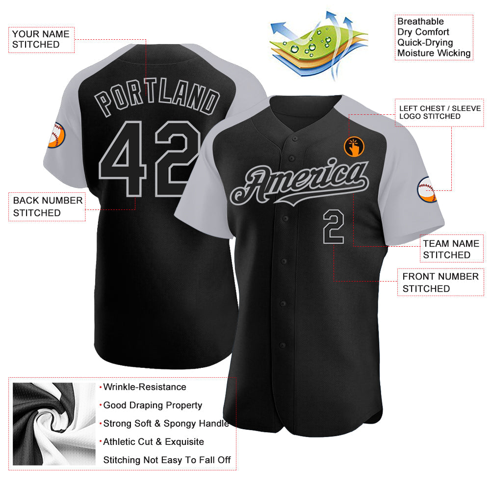 Custom Black Gray Authentic Raglan Sleeves Baseball Jersey - Sky-Custom