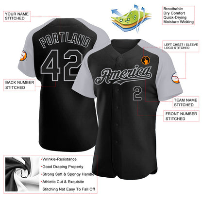 Custom Black Gray Authentic Raglan Sleeves Baseball Jersey - Sky-Custom