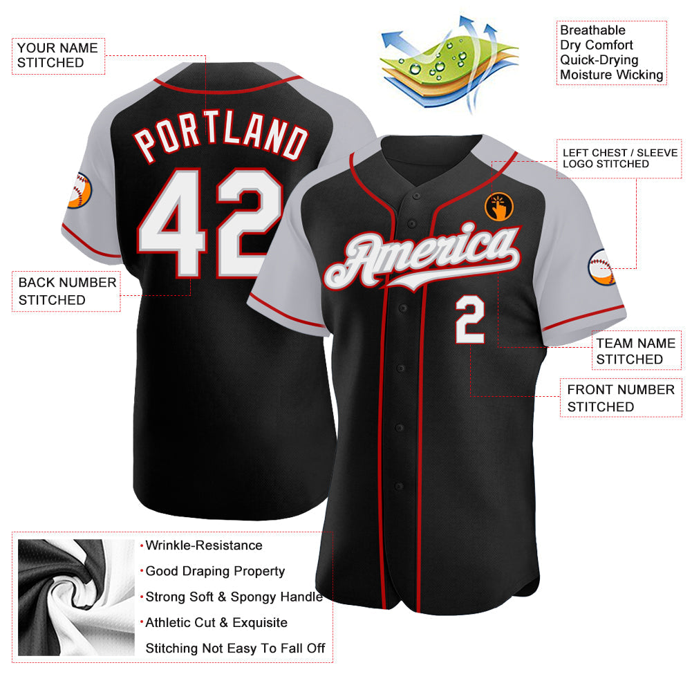 Custom Black White Gray-Red Authentic Raglan Sleeves Baseball Jersey - Sky-Custom