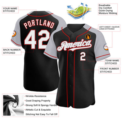 Custom Black White Gray-Red Authentic Raglan Sleeves Baseball Jersey - Sky-Custom