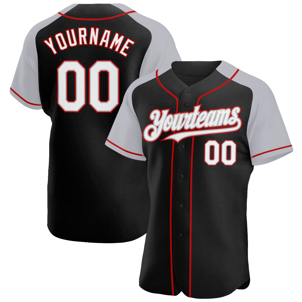 Custom Black White Gray-Red Authentic Raglan Sleeves Baseball Jersey - Sky-Custom