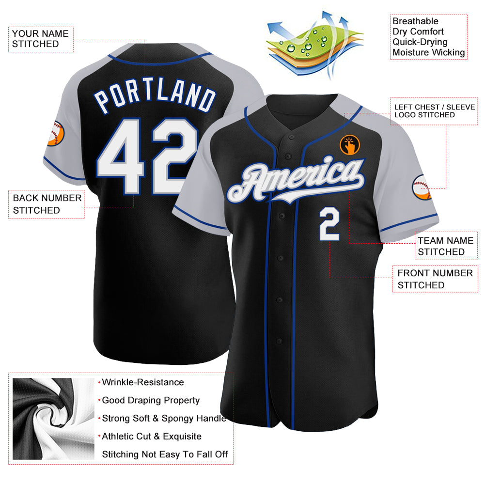 Custom Black White Gray-Royal Authentic Raglan Sleeves Baseball Jersey - Sky-Custom