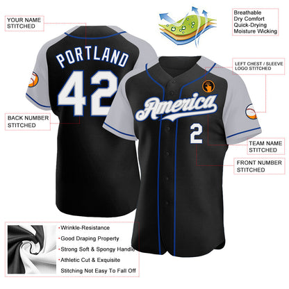 Custom Black White Gray-Royal Authentic Raglan Sleeves Baseball Jersey - Sky-Custom